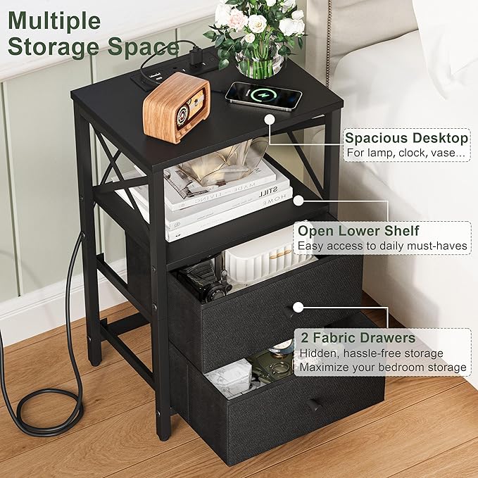 Nightstands Set of 2, Night Stand with Charging Station, Small Bedside Table with Storage Shelf, End Table with USB Ports & Outlets, with Fabric Drawers, for Couch, Bedroom(Black) LET105B-2
