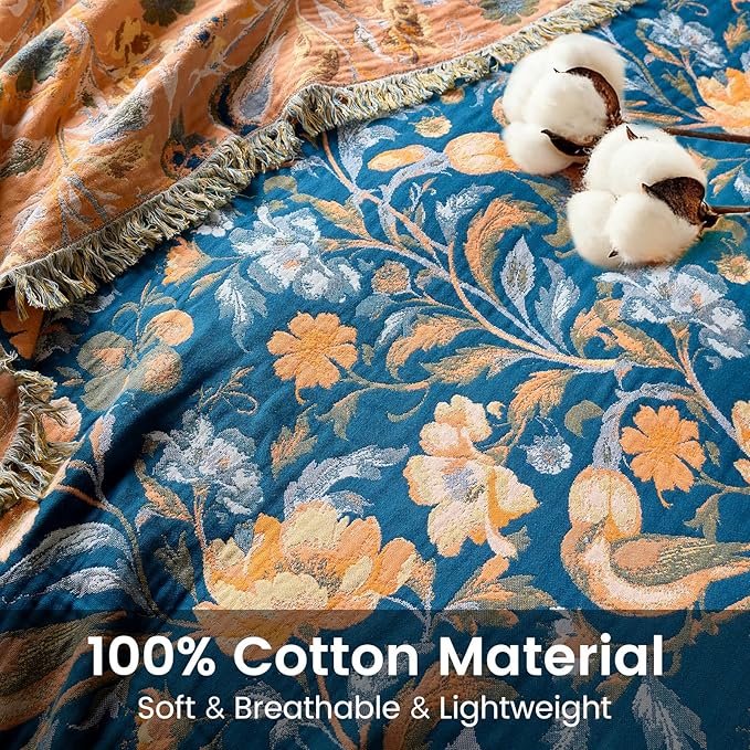Boho Throw Blanket 60"x80" 100% Cotton Floral Twin Size Bed Blanket with Flower Bird,Reversible Soft Breathable Lightweight Spring Decorative Blankets with Fringe for Couch Sofa Decor All Season