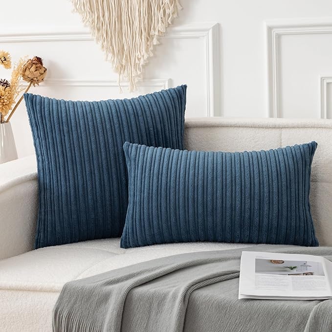 UGASA 14x20 Inch Pillow Cover Pack of 1 Soft Boho Stripe Corduroy Long Rectangular Lumbar Cushion Cover Farmhouse Decorative Throw Pillowcase for Bed, Couch, Sofa, Bedroom, Living Room, Dusty Blue