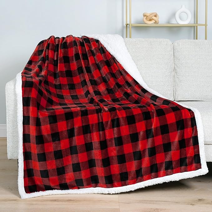 PAVILIA Black and Red Buffalo Plaid Sherpa Throw Blanket for Couch, Christmas Red Black Checkered Fleece Blanket and Throws, Soft Fuzzy Flannel Blanket for Sofa Bed, Cozy Winter, 50x60