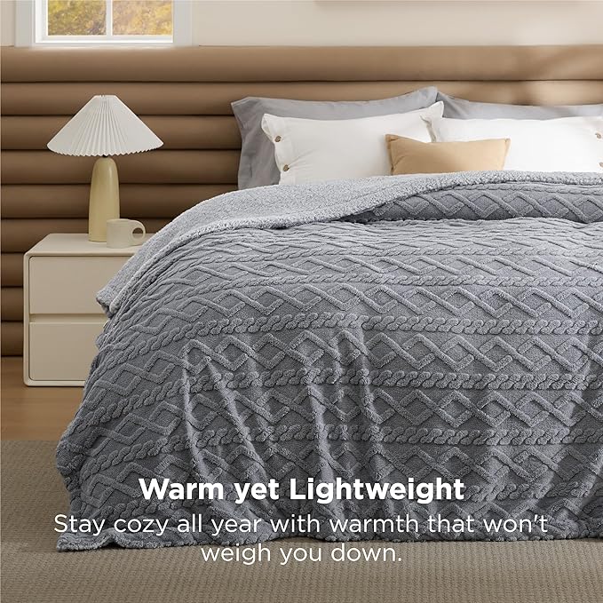 Bedsure Gentlesoft Sherpa King Size Blanket for Bed- Fleece Fluffy & Cozy Cable Jacquard Tufted for Women Gift, Thick and Warm Christmas Blanket for Winter, Grey, 108x90 Inches