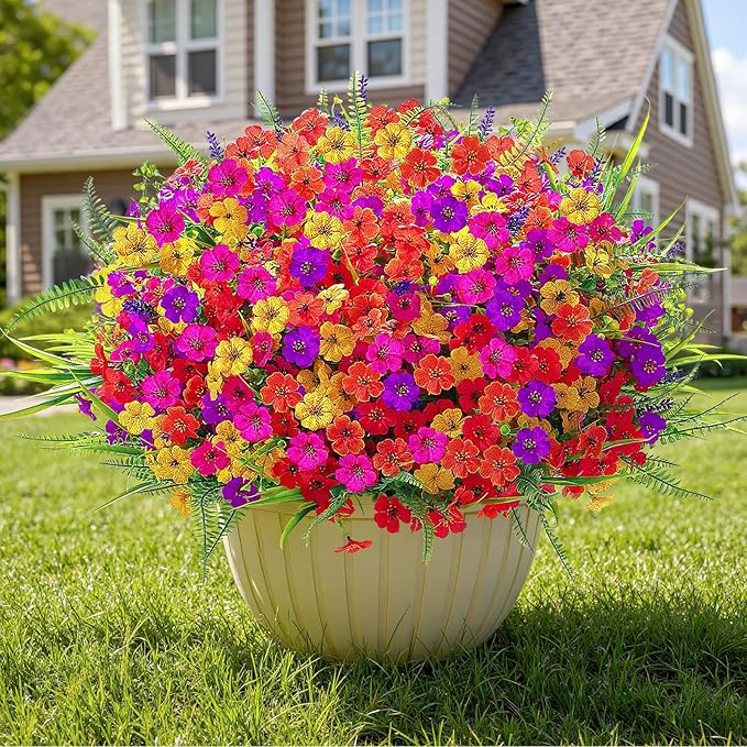 Alupssuc 24 Bundles Artificial Flowers for Outdoors Spring Decoration, UV Resistant Faux Eucalyptus Violet and Lavender Silk Fake Plants for Outside Indoor Decor, Red Rose Purple Yellow Orange