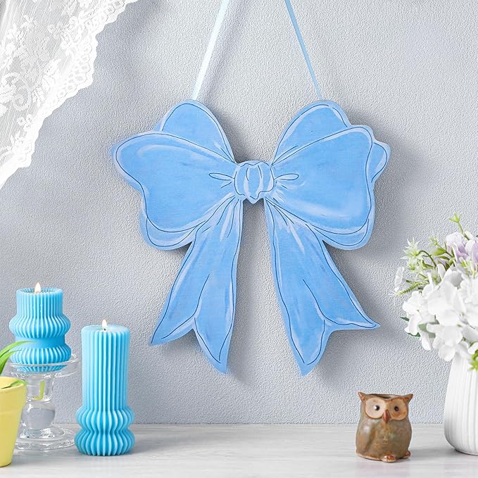 RattanView Bow Wooden Hanging Sign Coquette Bow Wall Hanging Cute Preppy Wall Art Bowknot Welcome Door Sign Girly Decor for Girls Room College Dorm Apartment Indoor Outdoor Porch (Dusty Blue)