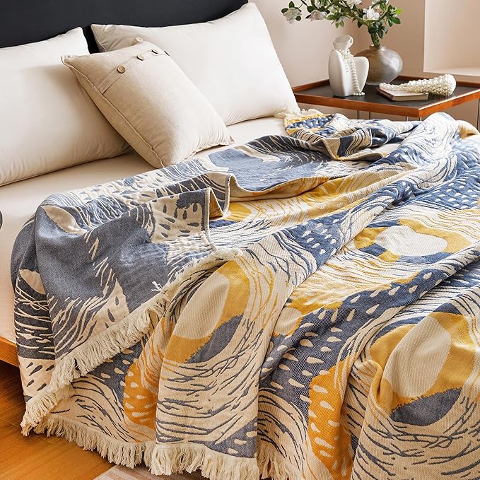 Scientific Sleep Starry Blue Sky Moon Stars 100% Cotton Muslin Blanket Throw Cover for Bed Couch Sofa Cozy Soft Bedding Lightweight Warm Bedspread Quilt Coverlet Full Queen 80 in x 90 in