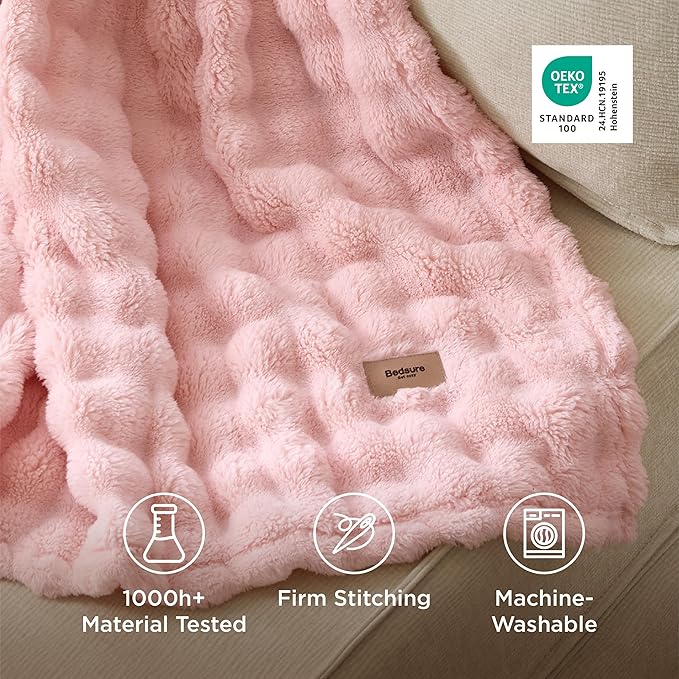 Bedsure 3D Fleece Bubble Blanket - GentleSoft Pink Queen Blanket for Bed Sofa Room Decor - Luxury Soft Cozy Gifts for Grilfriend, Lightweight, All Seasons, Pink, 90"×90"