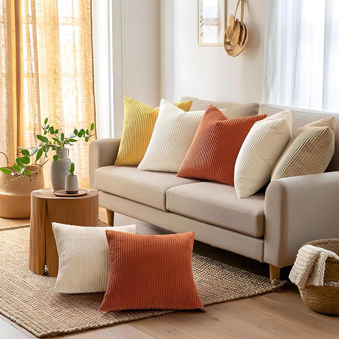 Mecatny Corduroy Decorative Fall Throw Pillow Covers 16x16 Set of 2 for Sofa Living Room, Soft Burnt Orange Neutral Boho Couch Pillow Covers for Home Decor, Rust