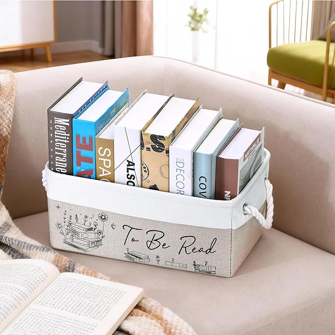 Book Lovers Gifts for Women Men – TBR Book Storage Basket with Pocket, Book Basket for Couch & Bedside, Reading Accessories, Book Club Gifts for Teacher Librarian, Decor for Living Room