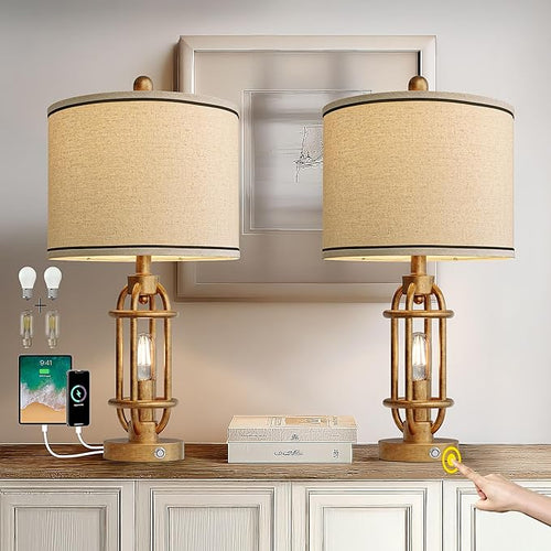 23.75'' Table Lamps Set of 2 for Living Room Bedroom Industrial Farmhouse Metal Touch Lamps with USB A+C Ports, Night Light Vintage Nightstand Bedside Lamp, Bulbs Included, Antique Gold