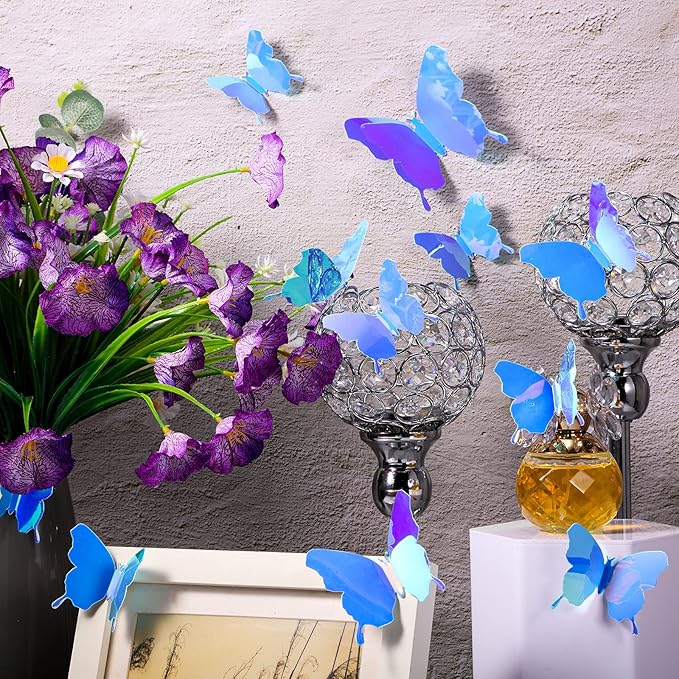 BBTO 48 Pieces Butterfly Wall Decor DIY 3D Mirror Butterfly Stickers Removable Decals Crafts for Birthday Party Bedroom School Bathroom Living Room Decor(Blue)
