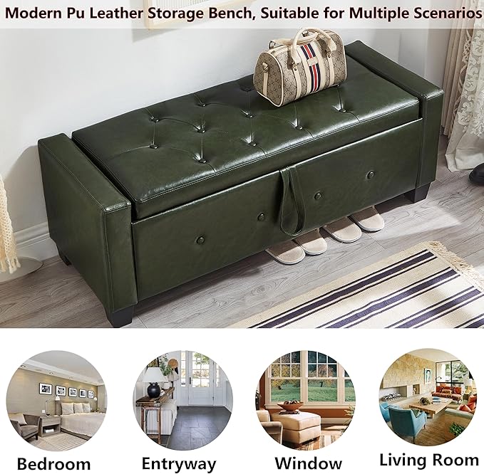 48" PU Leather Storage Ottoman Bench for Bedroom Bed End,Tufted Faux Leather Ottomans with Storage for Living Room,Bedside,Entryway,Modern Window Benches with Seating (PU Green, 48")