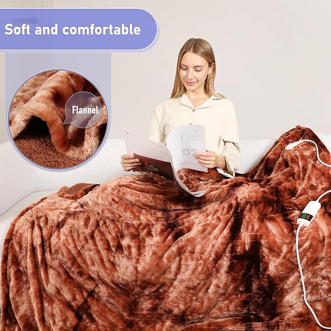 Electric Heated Blanket Throw 50''x60''Size Faux Fur Heating Blanket 10 Heating Settings, 1-8h Timer & Overheat Protection, Machine Washable, Soft Flannel and Sherpa Full Body Warmth