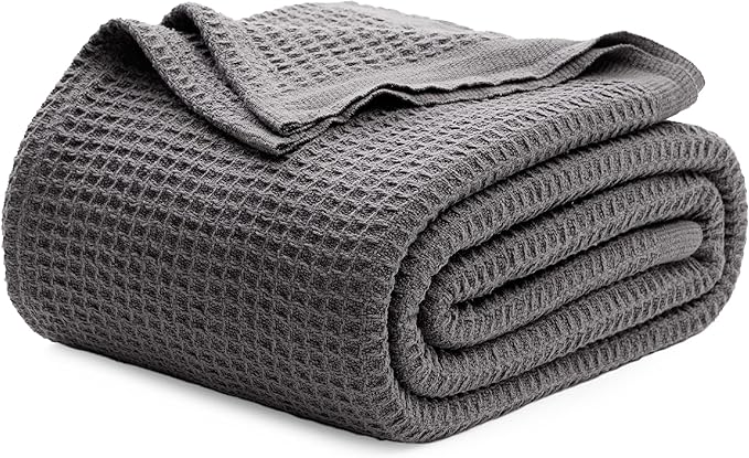 Bedsure Gentlesoft 100% Cotton Throw Blanket for Couch 50x70 inches - Cooling Breathable and Soft for Spring Summer, Waffle Weave Throw Blanket for Office, Dark Grey