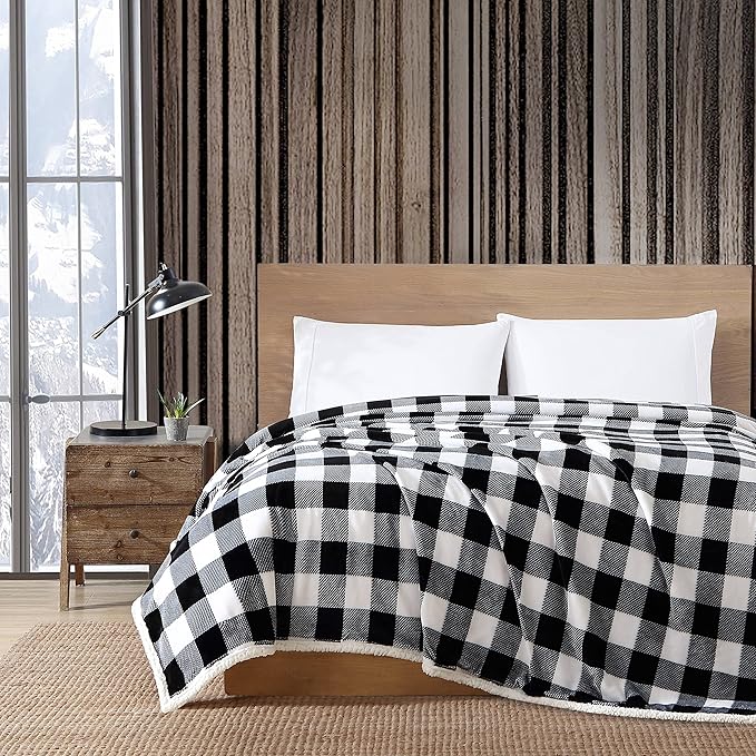 Eddie Bauer - King Blanket, Reversible Sherpa Fleece Bedding, Buffalo Plaid Home Decor for All Seasons (Black Check, King)