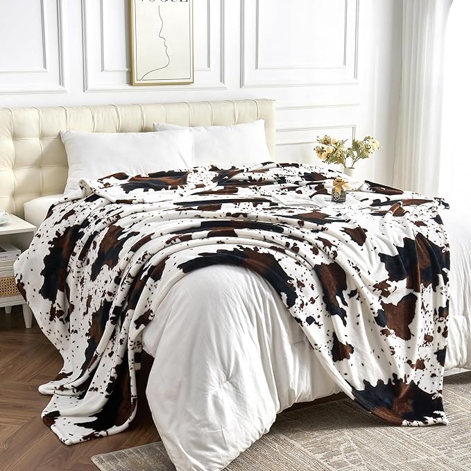 Queen Size Cow Blanket for Couch Bed, Soft Cozy Fleece Cow Printed Blanket for All Seasons 90"x90" (Dark Brown)