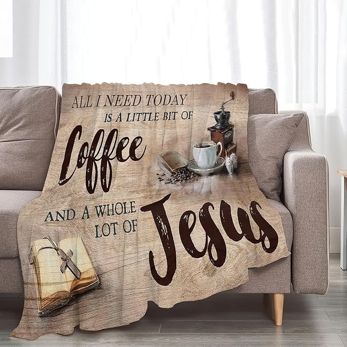 Christian Coffee Jesus & Coffee Throw Blanket - Religious Gift for Women, Men, Kids & Adults - Soft, Warm, Cozy Fleece Blanket for Couch, Sofa, Bed - 60"x50"