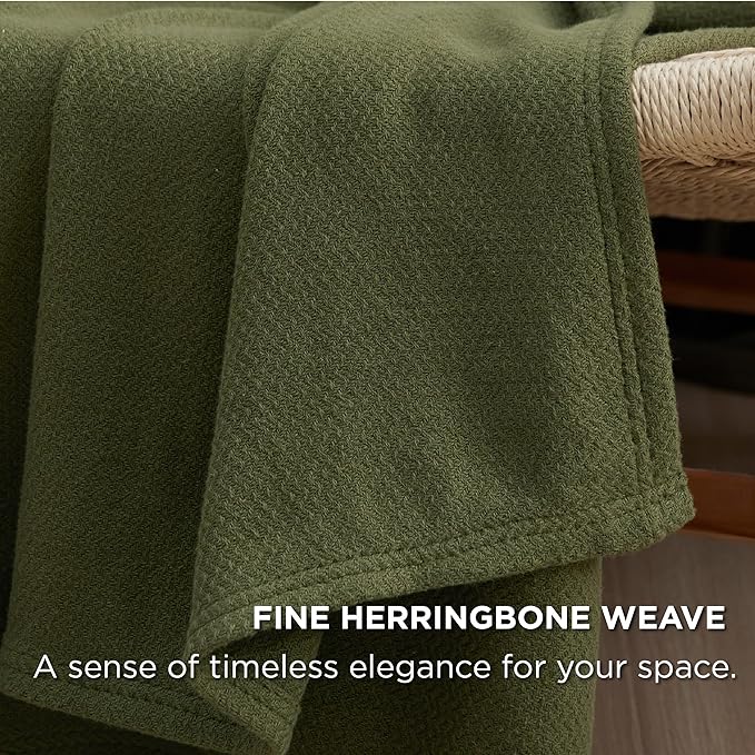 Bedsure GentleSoft 100% Cotton Blanket Queen Size for Bed - Breathable and Lightweight, Soft Cozy Textured Herringbone Woven Blanket for Summer, Olive Green, 90x90 inches