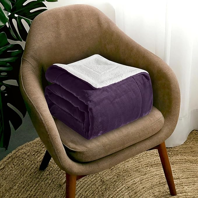 Mocassi Premium Ultra-Soft Flannel Fleece Sherpa Throw Blanket - Warm Cozy Reversible Plush Micromink Blanket for Couch, Bed and Sofa - Fluffy, Christmas Winter Bedding Gift, Queen, Purple