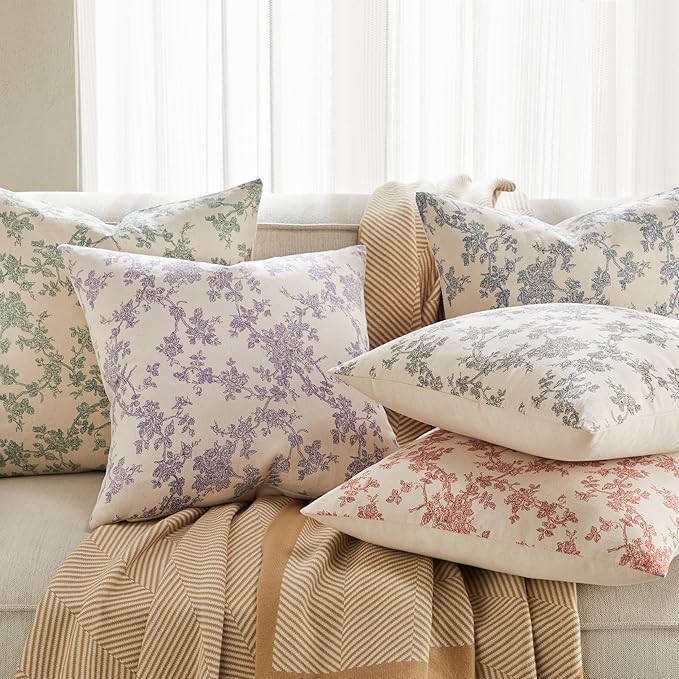 100% Cotton French Pastoral Throw Pillow Covers Set of 2, 24x24 Inch Red Farmhouse Decorative Cushion Covers for Sofa Bed Living Room Home Decor