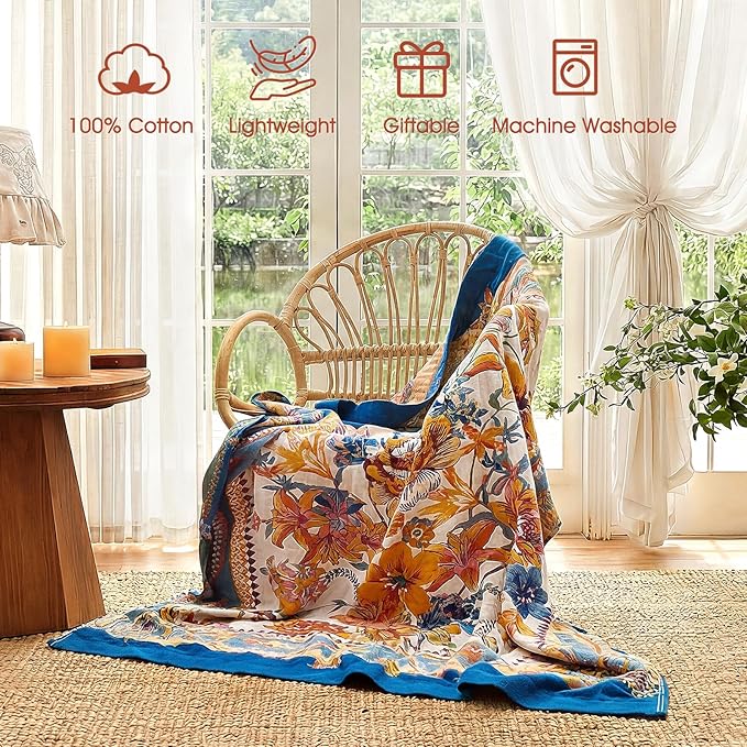 Boho Throw Blanket - 60"x80" 100% Cotton Ultra Soft Lightweight Spring Blanket, 4-Layer Breathable Muslin Blankets for Bed Couch, Reversible Yellow Floral Printed Bohemian Cotton Quilt