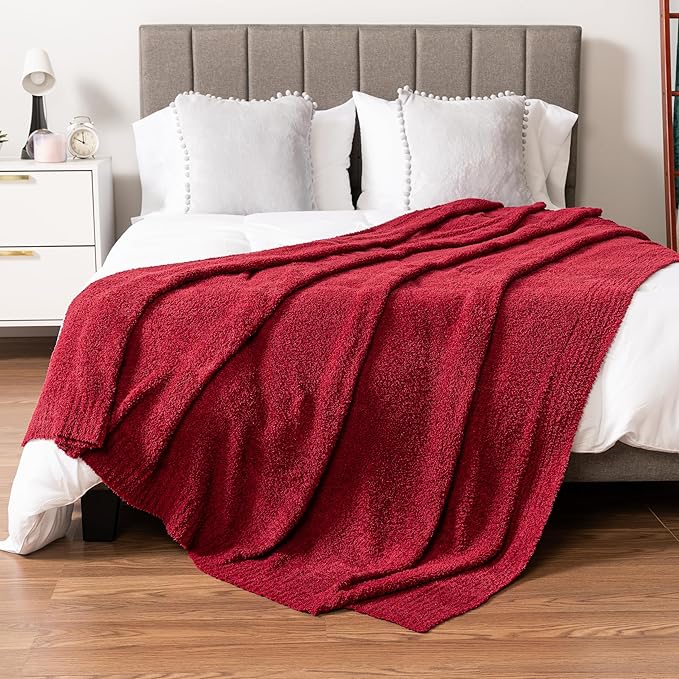 PAVILIA Super Soft Throw Blanket for Couch, Fluffy Cozy Lightweight Maroon Blanket, Fuzzy Warm Knit Blanket for Bed Sofa, Burgundy Red, 50x60