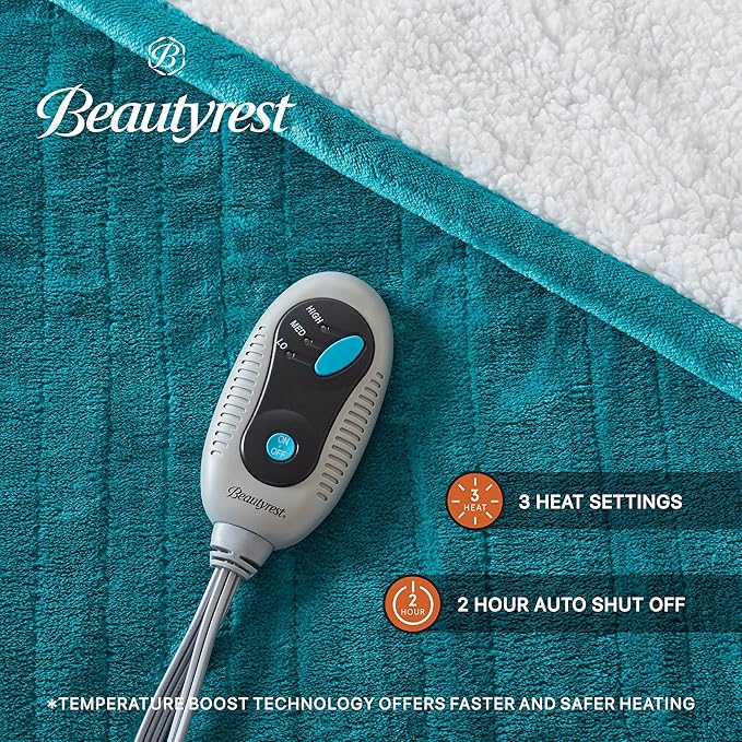 Beautyrest Heated Blanket, Eletric Throw Blanket, Soft, Warm, Reversible Plush - Sherpa Heating Blanket Throw for Office, Couch, 3 Heat Settings, 2 hr Auto Shut Off, Machine Washable, 50 x 60 Teal