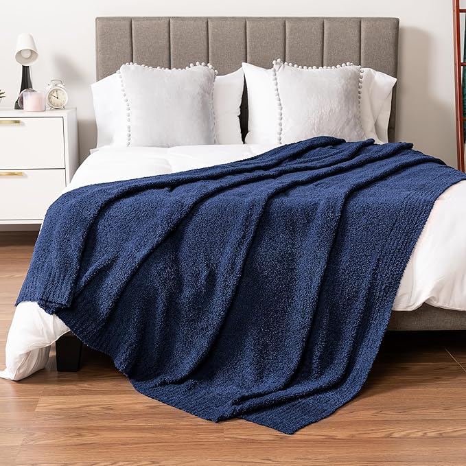 PAVILIA Super Soft Throw Blanket for Couch, Fluffy Cozy Lightweight Navy Blue Blanket, Fuzzy Warm Knit Blanket for Bed Sofa, Dark Blue, 50x60