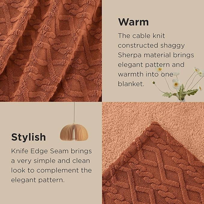 Bedsure Gentlesoft Sherpa Fleece Blanket Twin Size for Bed - Fluffy & Cozy Cable Jacquard Tufted for Women Gift, Thick and Warm Christmas Blanket for Winter, Orange, 60x80 Inches