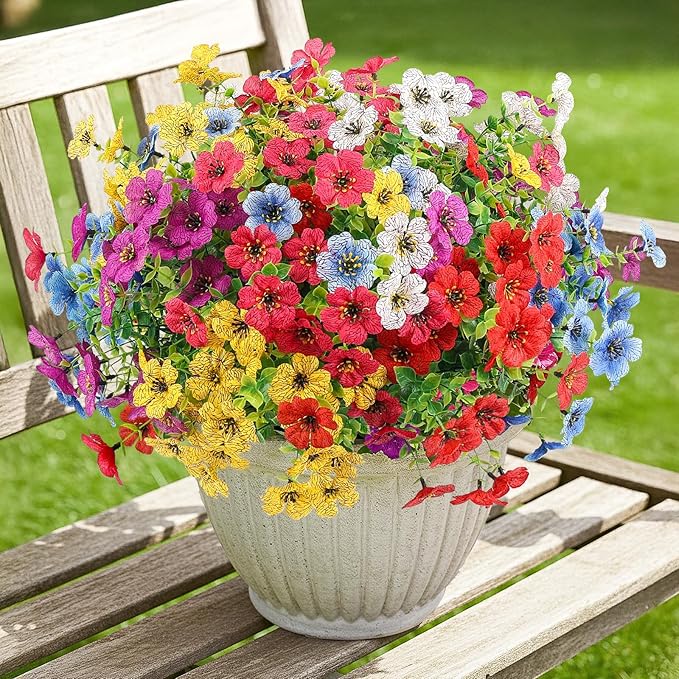 Artificial Flowers Outdoors Spring Faux Flowers UV Resistant Fake Flowers Daisy Plastic Greenery Plnats Outside Bulk for Garden Hanging Planter Patio Porch Home Decor, 12 Bundles (Multicolor)