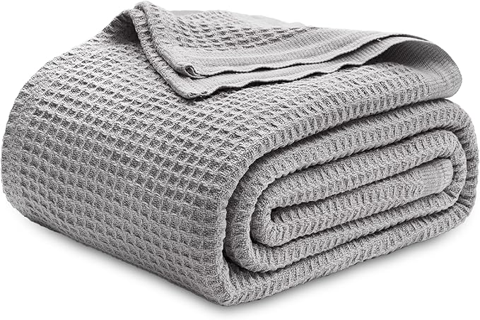 Bedsure Gentlesoft 100% Cotton Blanket Queen Size for Bed - Cooling Breathable and Soft for Spring Summer, Thick Cozy Waffle Weave Blanket Gifts for Women, Grey, 90x90 Inches