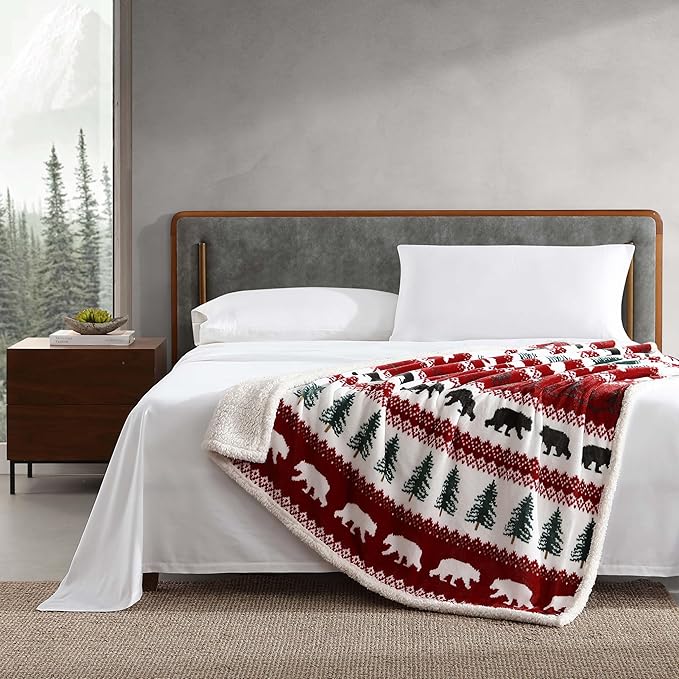 Eddie Bauer - Throw Blanket, Brushed Fleece & Plush Sherpa Bedding, Blanket for Couch & Bed (Grizzly Peak Red, 50" x 60")