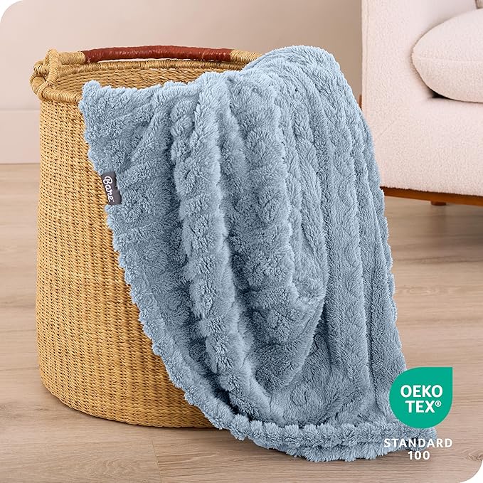 Bare Home Faux Shearling Blanket - Full/Queen Size - Blanket for Bed, Sofa, Couch, Camping, Travel, and Gifts - Warm & Lightweight - Fluffy & Soft (Full/Queen, Cable Dusty Blue)