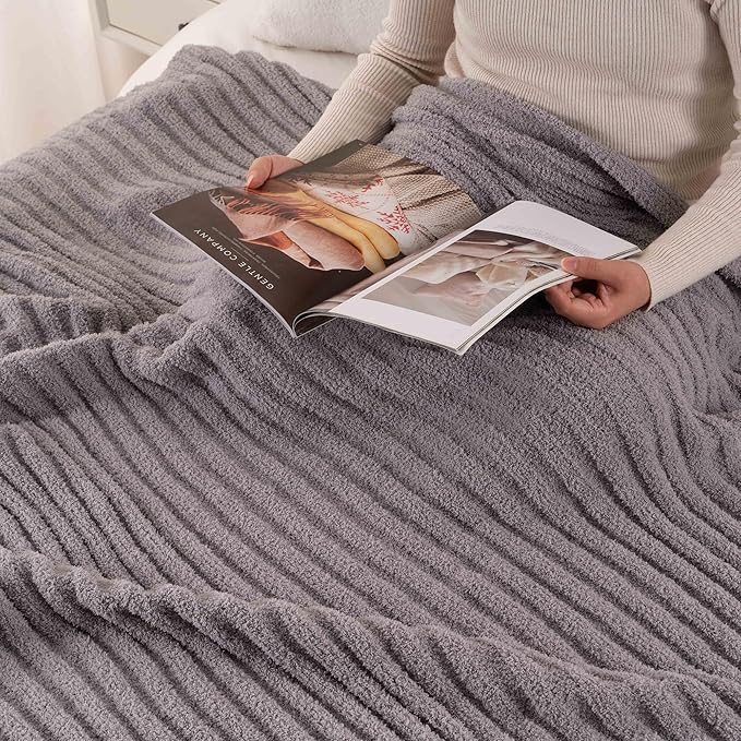 BATTILO Throw Blanket for Couch, Fluffy Soft Plush Grey Chenille Blankets, Cozy Warm Lightweight Blanket for Bed, Sofa, Light Gray, 50"x60"