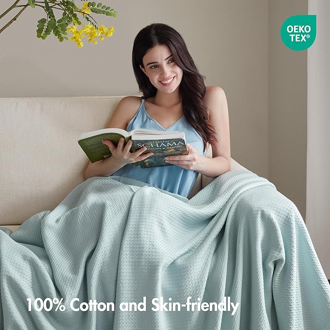 Madison Park 100% Egyptian Cotton Lightweight Summer Blanket, Breathable Waffle Knit Design, Soft Cozy All-Season Throw for Bed, Couch or Sofa, Light Blue Full/Queen Size (90"x90")