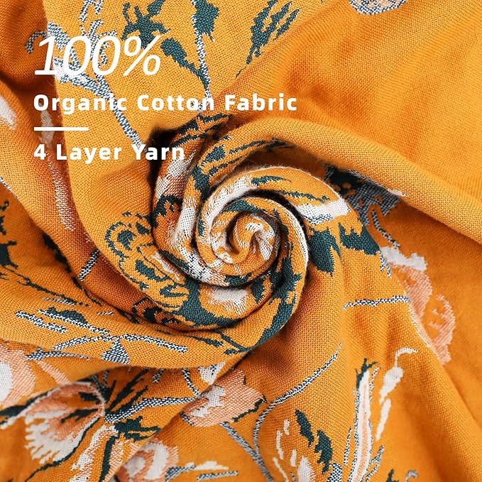 Boho Throw Blanket, 100% Organic Cotton Breathable Skin-Friendly Ultra Soft 50" x 60" Bed Yellow Throw - Floral Rustic Decor Luxury Reversible Blanket for Sofa Couch Chair and Gift,