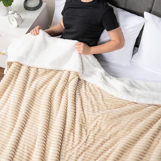PAVILIA Beige Sherpa Fleece Throw Blanket for Couch Twin, Soft Plush Fuzzy Blankets, Fluffy Flannel Sherpa Blanket for Bed, Warm 3D Ribbed Winter Blanket Gift, 60x80 inches