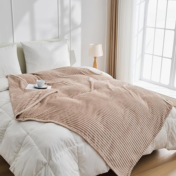 Bnuitland Fleece Throw Blanket, 300GSM Soft Warm Cozy Fluffy Throw for Babys & Pets, Stripe Pattern, All Season Sofa Bed Blanket for Home Decor, Light Camel 60"x80"