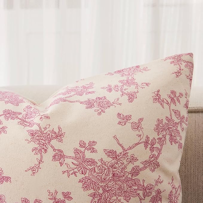 100% Cotton French Pastoral Throw Pillow Covers Set of 2, 18x18 Inch Pink Farmhouse Decorative Cushion Covers for Sofa Bed Living Room Home Decor