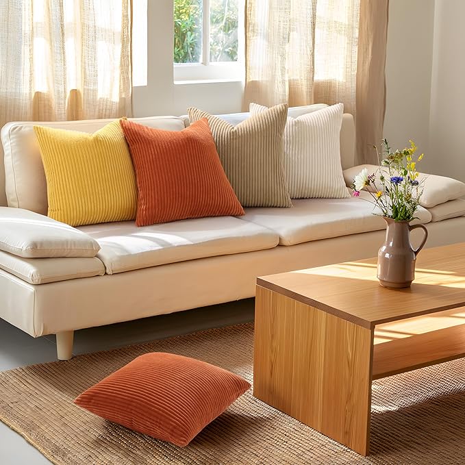 Mecatny Corduroy Decorative Throw Pillow Covers 20x20 Set of 2 for Sofa Living Room, Soft Neutral Boho Couch Pillow Covers for Home Decor, Beige