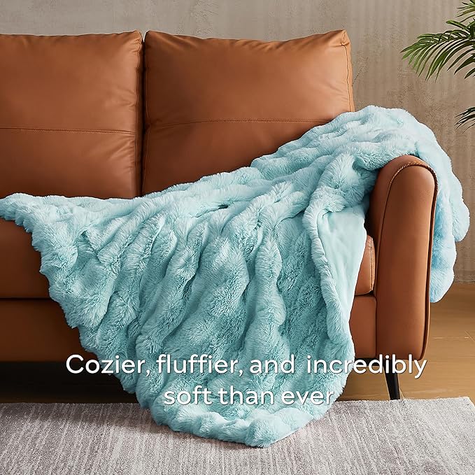 JELLYMONI Faux Fur Throw Blanket, Baby Blue Throw Blanket for Couch, Fuzzy Cozy Plush Bubble Bed Blanket, Thick and Warm Blanket, Queen (90" x 90")