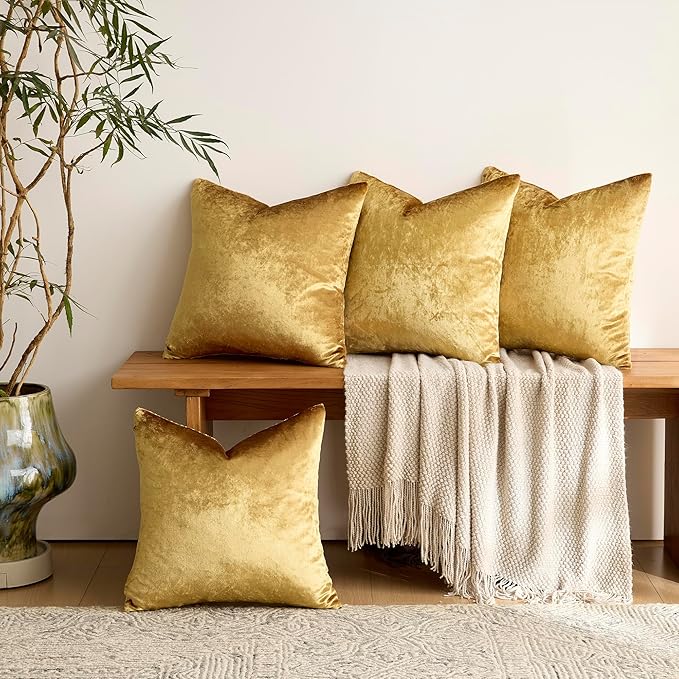 GIGIZAZA Pack of 4 Gold Pillow Covers,16x16 Velvet Throw Pillows Soft Covers Decorative Luxury Couch Square Pillow Covers Modern Living Room Cushion Covers