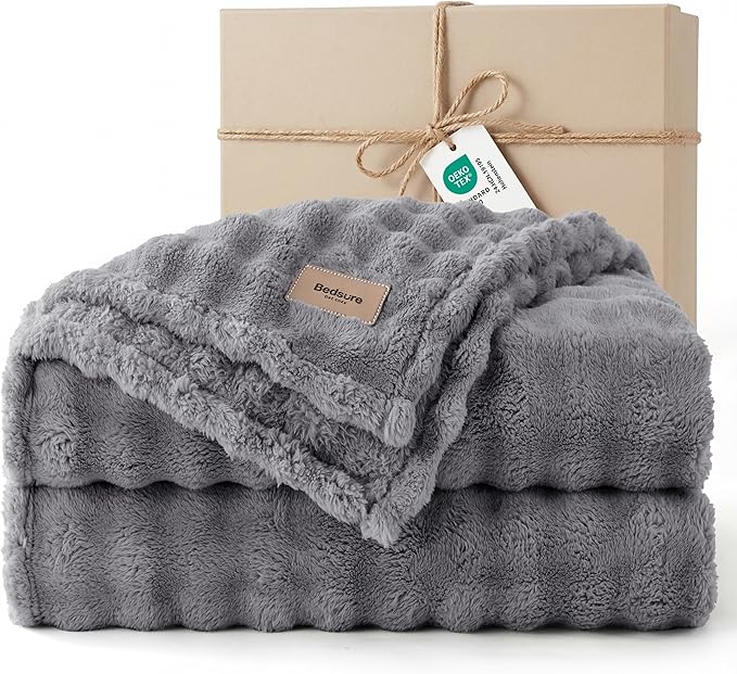 Bedsure 3D Fleece Bubble Blanket - GentleSoft Grey Queen Blanket for Bed Sofa Room Decor - Luxury Soft Cozy Gifts for Women, Lightweight, All Seasons, Grey, 90"×90"