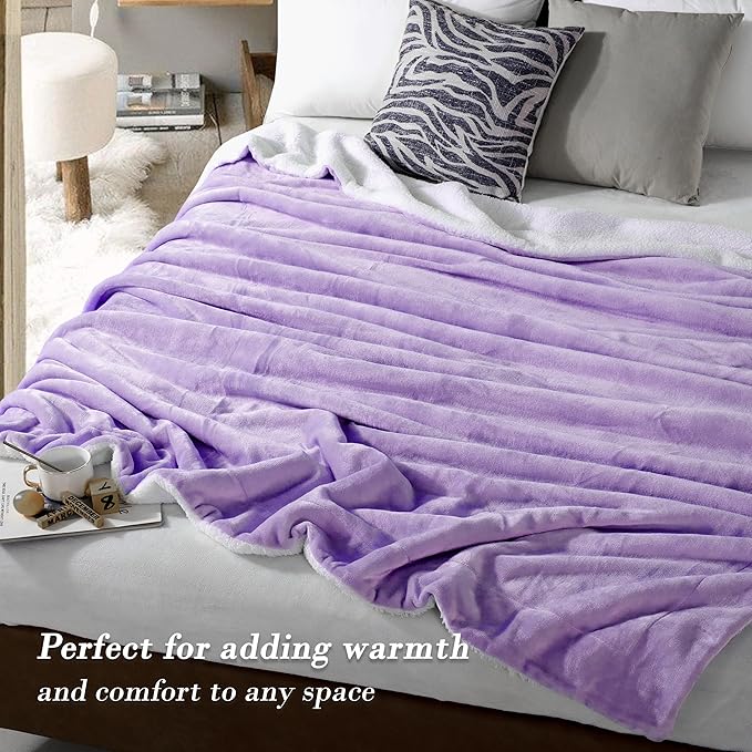 Mocassi Premium Ultra-Soft Flannel Fleece Sherpa Throw Blanket - Warm Cozy Reversible Plush Micromink Blanket for Couch, Bed and Sofa - Fluffy, Christmas Winter Bedding Gift, King, Lavender