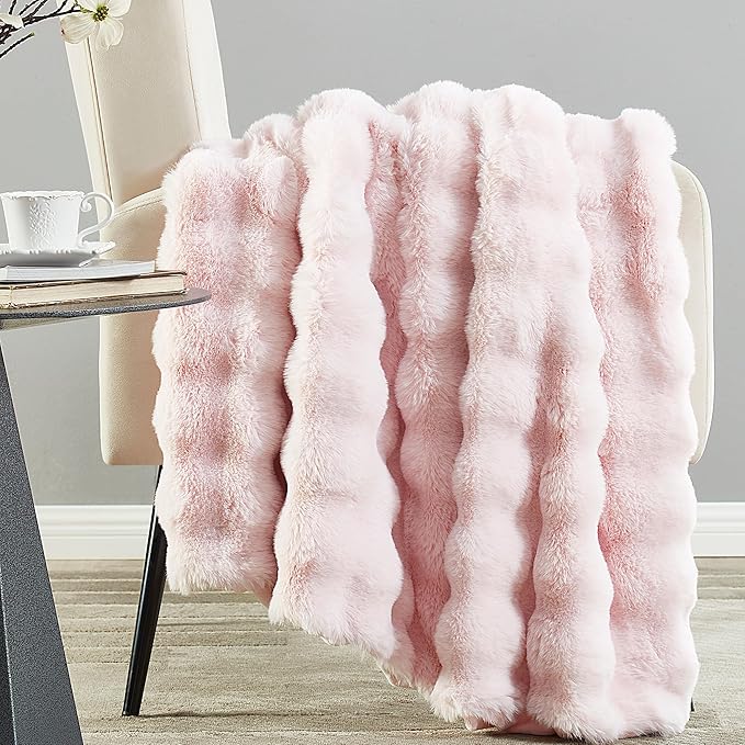 DREAMNINE Large Soft Thick Fuzzy Bubble Faux Rabbit Fur Bed Blanket Full Size 70" x 80",Lovely Big Warm Shaggy Fluffy Blankets for Winter,Solid Luxury Cozy Cute Bumpy Furry Blanket for Bed Adult,Pink
