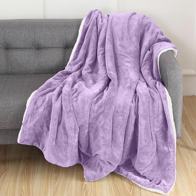 Elegant Comfort Luxury Ultra-Plush Velvet Touch Fleece Throw Soft, Warm, Cozy| Micromink Sherpa-Backing Reversible Blanket for Bed, Sofa and Couch, Solid Lilac