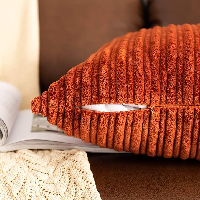 UGASA Fall 12x24 Inch Pillow Cover Pack of 1 Soft Boho Stripe Corduroy Long Rectangle Lumbar Cushion Case Farmhouse Decorative Throw Pilowcase for Bed, Couch, Sofa, Bedroom, Living Room, Burnt Brick