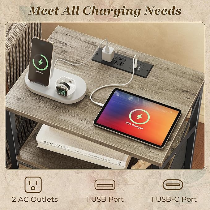 Huuger Nightstands Set of 2, Night Stand with Charger Station, 2 Drawer Side Table with Open Shelf, USB-C Port, End Table for Small Spaces, X Shaped Side Rail, Oak
