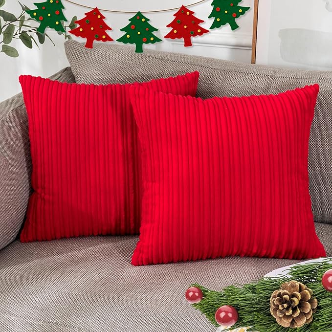 UGASA Super Soft Flannel Pillow Covers Christmas Decor Striped Practical Classic for Sofa/Bedroom, 2 Pcs, 18x18 Inch, Red