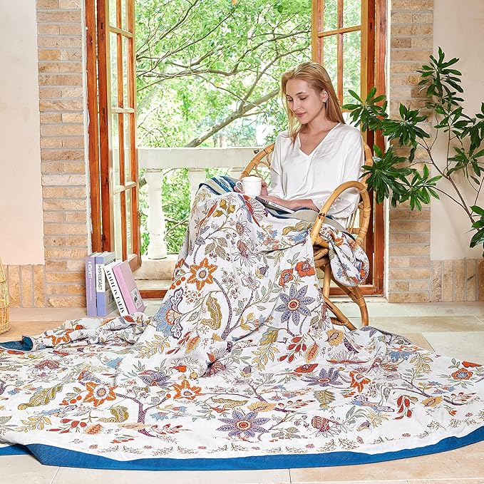 Boho Throw Blanket, 100% Organic Cotton Breathable Skin-Friendly Ultra Soft Bed Quilt Throw - All Season Floral Farmhouse Décor Luxury Blanket for Sofa Couch Chair and Gift. 60" x 80"