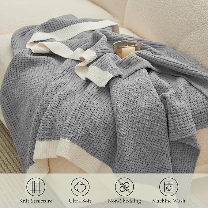 Amélie Home Waffle Throw Blanket for Couch Twin, Soft Cozy Chenille Knit Blanket Warm Decorative Throw for Sofa, Bed, Living Room, 60"x80", Grey