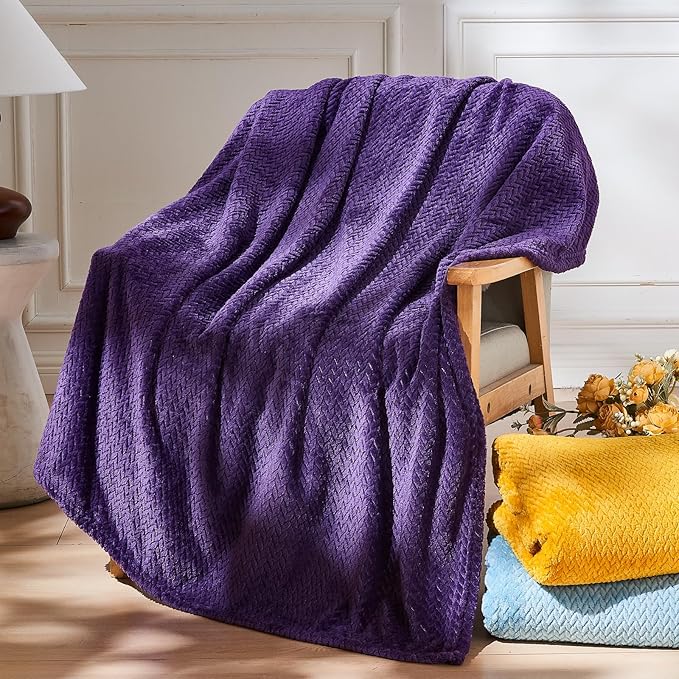NEWCOSPLAY Super Soft Queen Blanket Dark Purple Premium Silky Flannel Fleece Leaves Pattern Lightweight Bed Blanket All Season Use (Dark Purple, Queen(90"x90"))